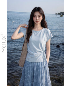 Sleeve Tie Waist Slimming Round Neck T-Shirt
