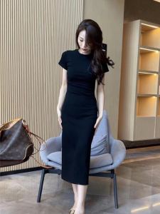 Spring 2024 New Womens Fashion French Chic Long T-Shirt Dress Slimming Style Creweck Neck High Waist Single Piece Hype Elements