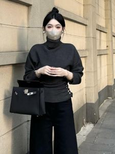 BINKAFENNY | Design Sensation Womens High Neck Knitted Long Sleeve Base Shirt Autumn Winter Waist Inward Unique Beautiful Outerwear Top