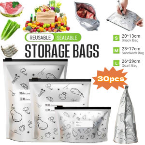 Aitemay 30 chiếc túi giữ tươi Ziplock giấy bạc tái sử dụng túi dung tích lớn đông lạnh an toàn có thể bịt kín Có nhãn ghi túi lưu trữ tủ lạnh cho rau quả thịt trái cây