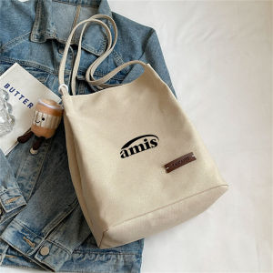 Amis Large Capacity Canvas Bucket Bag Casual Commuter Bag Simple Versatile Single Shoulder Bag Fashionable Korean Print Youth