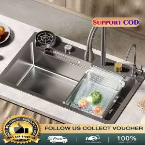 Kitchen Sink 304 Stainless Steel Thick Material High-End Home Hotel Bar Vegetable Sink With Waterfall Pull-Out Faucet