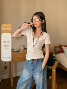 Shiny White V-neck Short Sleeve T-shirt Womens Summer New Style Pure Cotton Slim Fit Short Body Shirt Korean Version Commute