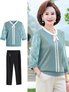 Ladieswear Spring and Autumn Clothing Mid-Sleeve Tops Fashionable New Long Sleeves 50-Year-Old Middle-Aged and Elderly Womens Clothing Summer Short Sleeve Two-Piece Suit