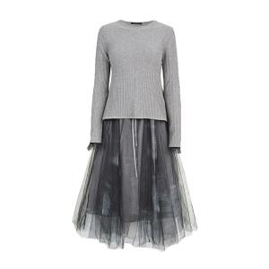 SDEER | Round Neck Printed Tulle Knit Womens Dress Set