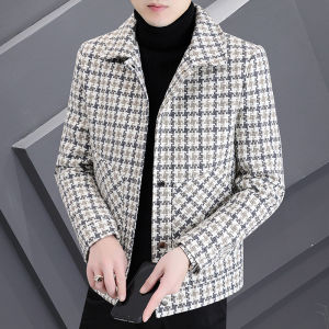 Short Plaid Jacket Mens Autumn Winter Versatile Warm Korean Trendy Cotton Woolen Coat Retro Style Long Sleeve Stand Collar