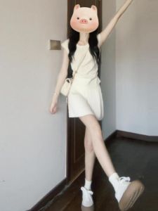 CHANGTONG | Bộ đồ hai mảnh phong cách ngọt ngào đầu tiên Bộ váy xếp ly cotton cổ tròn mùa hè 2024 dành cho nữ tuổi từ 18-25