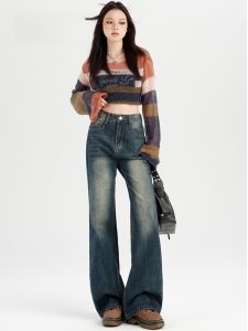 American Retro Slightly Flared Jeans Womens Autumn High Street Drape Wide Leg Straight Loose High Waist Slimming Bootcut Trousers