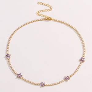 Colorful Cubic Zirconia Flowers Baguette Tennis Chain Women Choker Necklace Brass Hip Hop Jewelry For Women Golden