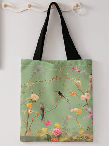 Flower and bird pattern printed casual handbag reusable fashionable backpack multifunctional handbag canvas shopping bag