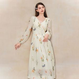 TAMMY TANGS | Romantic Floral Print Long Sleeve Dress Womens High Waist Fishbone Belt Slimming Print Dress City Commute Work Date Party