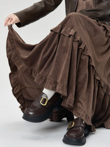 Váy Dài Xếp Ly Dày Màu Nâu Cho Nữ Mùa Thu Đông Cạp Cao Che Mông Váy Chữ a Váy Mưa Có Dây Đeo