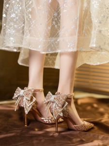 รองเท้าแตะคริสตัล รองเท้าแต่งงาน สำหรับงานกลางคืน ชุดราตรี พิธีสําหรับผู้ใหญ่ หัวเข็มขัดปมผีเสื้อ สายคล้อง รองเท้าแตะคลุมศีรษะ รองเท้าส้นสูงแบบบาง