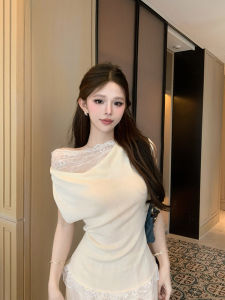 GUZILIAN | Pure Desire Design Sensation Womens Short Sleeve T-shirt Lace Trim Waist Cinching Shoulder Baring Knitted Top Summer Fashion