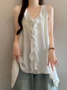 Flounce V-Neck Sleeveless Slimming Shirt