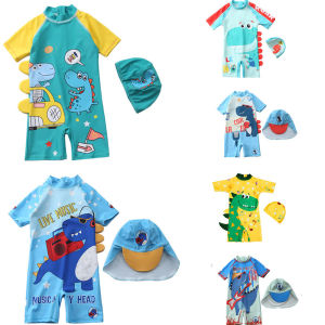 Boys Dinosaur Swimwear Onesie with Hat Hot Spring Swimming Suit Korean Cartoon Style Baby Sun Protection Clothing 1-4 Years Old