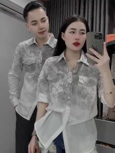 Áo sơ mi tay dài nam nữ vải đũi phối loang in chữ cực đẹp thoáng mát from chuẩn cho ae Menswear top áo