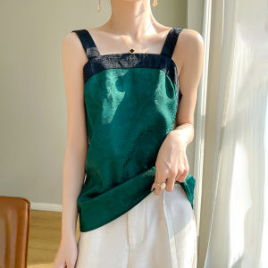 New 2025 Summer Chinese Style Strap Vest Womens Suit National Trend Base Print Color Block Satin Sleeveless T-Shirt