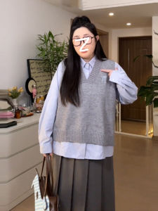 Áo Len Dệt Kim Dài Tay Cỡ Lớn Cho Nữ Mùa Thu Đông Phong Cách Công Sở Cổ Chữ V Không Nút Áo Vest Giảm Béo