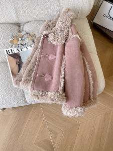 Warm Faux Fur Horn Button Short Jacket
