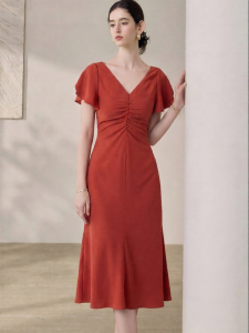 Roey s house | Hollow Sleeve Orange Red Fitted Summer V-Neck Fish Tail Dress