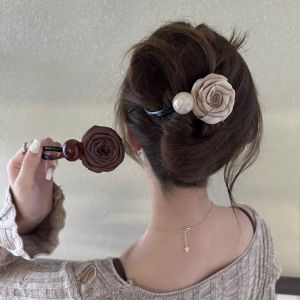Autumn Winter Dry Rose Flower Pearl Hairpin Womens Camellia Back of Head Twist Clip One Word Hair Accessories Hair Decorations