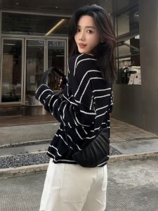 YUFUQING | Korean Style Long Sleeve V Neck Striped T Shirt Womens Casual Simple Early Autumn New Fashion Black White Top Cardigan