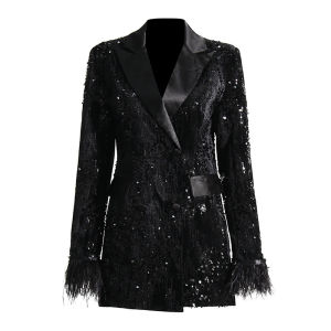 Independent design Autumn New Arrival Feathers Cuff Sleeve Notched Collar Bright Sequins Black Slim Blazer Coat Women GH032