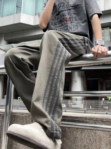 Mens Casual Loose Long Pants Army Green Striped Leisure Fashion Straight Leg Workwear Trousers Summer Season Trendy Style