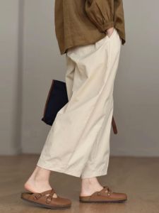 Japanese Artistic Pure Cotton Wide Leg Pants for Women Summer Loose Waist Large Size Slimming Work Casual Trousers Ankle-Length