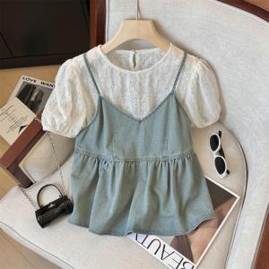 Áo Sơ Mi Ren Tay Ngắn Mùa Hè Phong Cách Hàn Quốc Cho Nữ Áo Sơ Mi Denim Dây Đeo Áo Hai Mảnh Áo Khoác Ngoài Thường Ngày