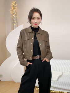 Browan Leather Jacket Womens Short Style American Retro Design Sense Top Coat Autumn New Arrival Single Button POLO Collar