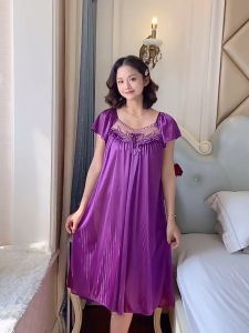 *Plus Size* Woman Sleepwear Short Sleeve Satin Silk Dress Baju Tidur Wanita Besar With 10 Colour 夏季冰丝宽松坑条睡裙女中长款