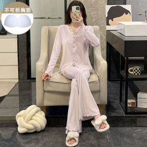 Winter Sleepwear Set for Women Island Velvet Long Sleeve Sweet Apricot Butterfly Knot with Chest Pad Warm Home Clothes Two-Piece Set