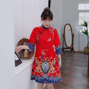 daidai (Ready Stock) Red Blue Loose CNY Chinese Cheongsam A-line Dress Woman 3/4 Sleeve Qipao 唐装国风复古大摆裙夏大码中长裙旗袍宽松立领盘扣连衣裙