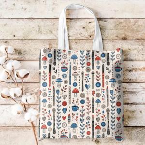 Beige Plant Pattern Storage Bags Double-Sided Printed Canvas Tote Bag Eco-Friendly Reusable Large Capacity Handbag