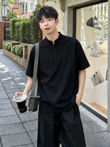 OUMULONG | Black Half Zipper Polo Style T-Shirt Short Sleeve