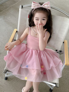 Váy Lưới Mùa Hè Ngọt Ngào Cho Bé Gái Váy Công Chúa Cổ Chữ V Tay Ngắn Váy Midi Cotton Pha Trộn Thời Trang Trẻ Em