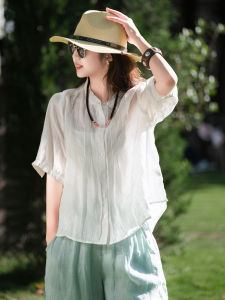 XIAOER | Ramie Pleated Lace Short Sleeve Round Neck Shirt