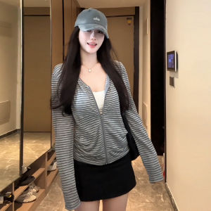 American Retro Lazy Relaxing Hooded Open Cardigan Autumn Casual Long Sleeve Womens T-Shirt Striped Color Block Top Coat