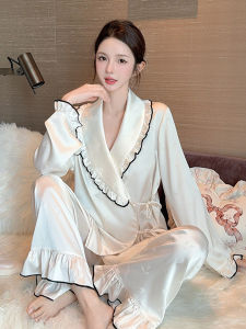 ชุดนอนผู้หญิงผ้าไหมน้ำแข็ง ชุดอยู่บ้านหลวมๆ ดีไซน์หรูหรา แขนยาว คอวี กระโปรงทรงเอ ชุดนอนฤดูใบไม้ผลิและฤดูใบไม้ร่วง