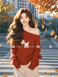 เสื้อสเวตเตอร์คอกลมแขนยาวทรงหลวมสีแดงสำหรับผู้หญิงในฤดูใบไม้ร่วงและฤดูหนาว ดีไซน์การ์ตูนสุนัข แฟชั่นลำลอง สไตล์เกาหลี