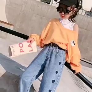 Korean Jeans Pants for Kids Girls Love Design Baggy Leisure Pantalon Girls Bottoms for Girl 5 To 15 Years Old