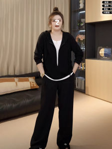 Chubby Big Size Color Contrast Patchwork Fake Two-Piece Long Sleeves Hooded T-shirt Female Early Autumn Plus Size Ladies Easiest for Match Slim Looking Niche Top