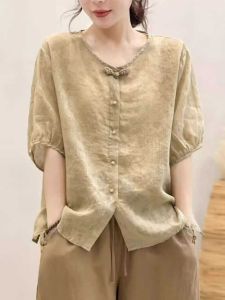 New Chinese Style Retro Button Cotton Linen Short Sleeve Loose Thin Breathable round Neck Womens Summer Shirt Top