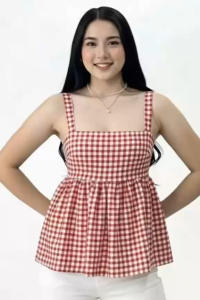 MONIC Blouse Tie Back Gingham Checkered Womens Fashionable Square Neckline Bow Detail Sleeveless Summer Top Stylish Gingham Design