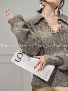 PlumJan | Áo len cổ chữ V nữ màu nâu