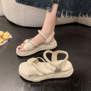 Angelical Pearl Thick Heel Roman Style Sandals Womens Summer Fashion Versatile Fairy Tale Flats Trendy Open Toe mid Heel