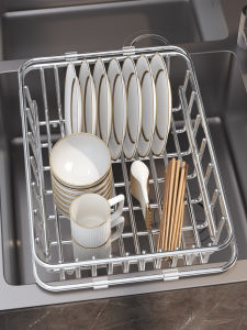 ชั้นวางของครัวสแตนเลสแบบพับได้ ชั้นวางจาน ชั้นวางจาน ตะกร้ารองน้ำล้างจาน ช่องระบายอากาศในครัว เครื่องใช้ในครัว