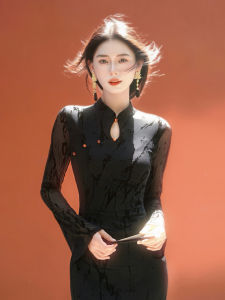 Lingshan Zhihe Jinning New Chinese Style Knitted Long Sleeve Slim Fit Dress Lace Splicing Women Early Autumn Qipao Dress